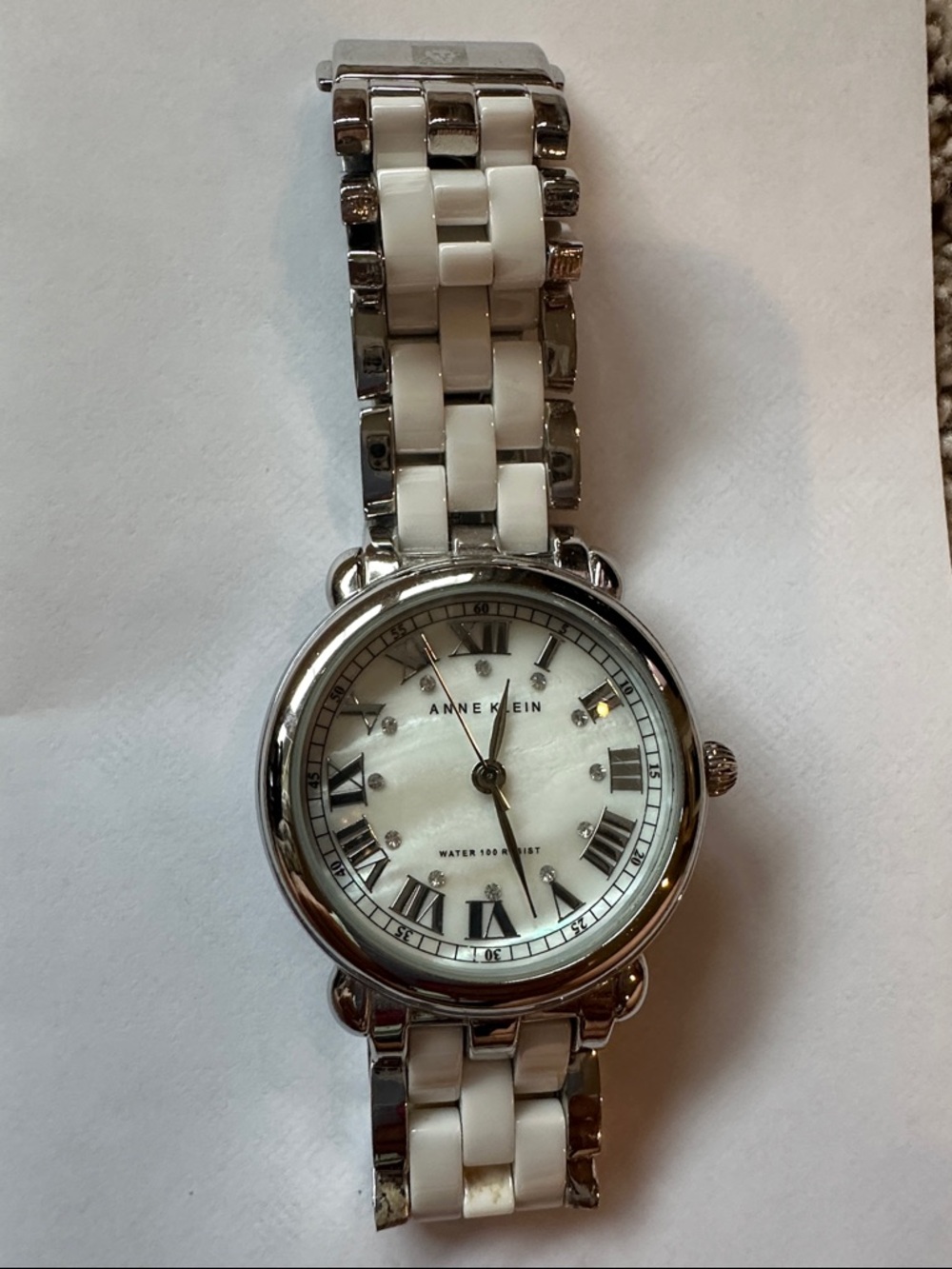 Anne Klein Silver and White Ceramic Link Watch with Mother-of-Pearl Dial